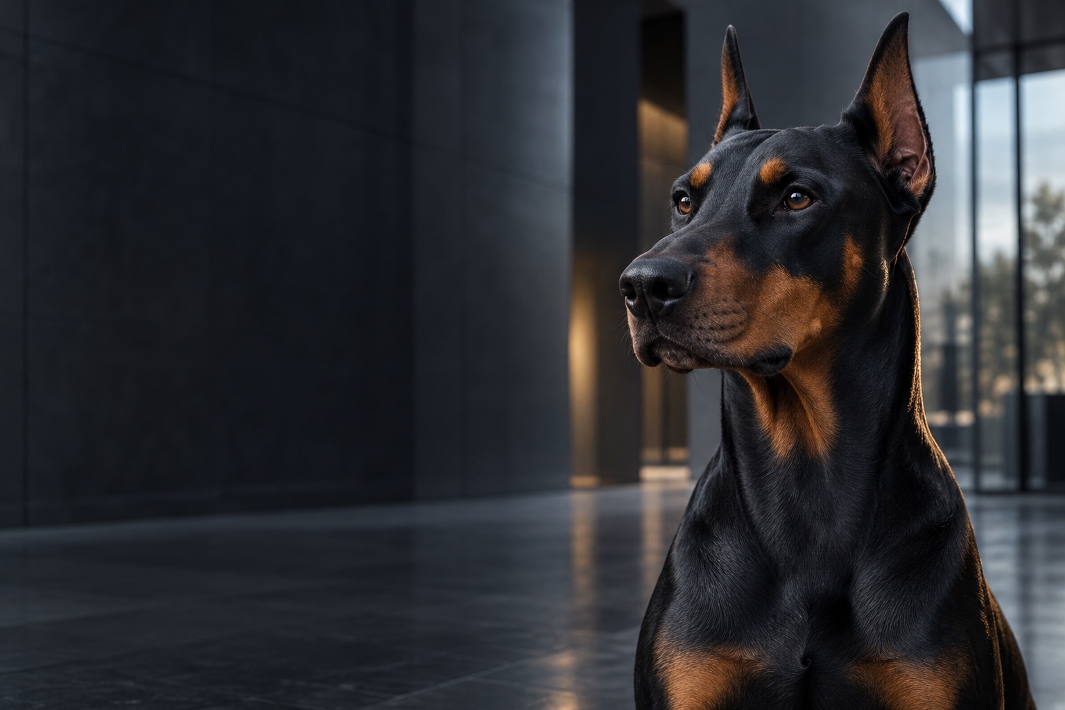 深色建筑空间中安静注视前方的杜宾犬